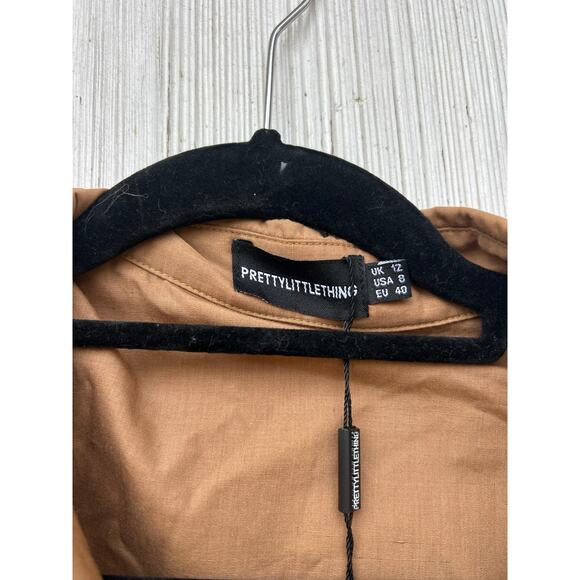 NWT PrettyLittleThing Camel Woven Ruched Sleeve Cropped Shirt Pocket Detail Sz 8 - Picture 5 of 8